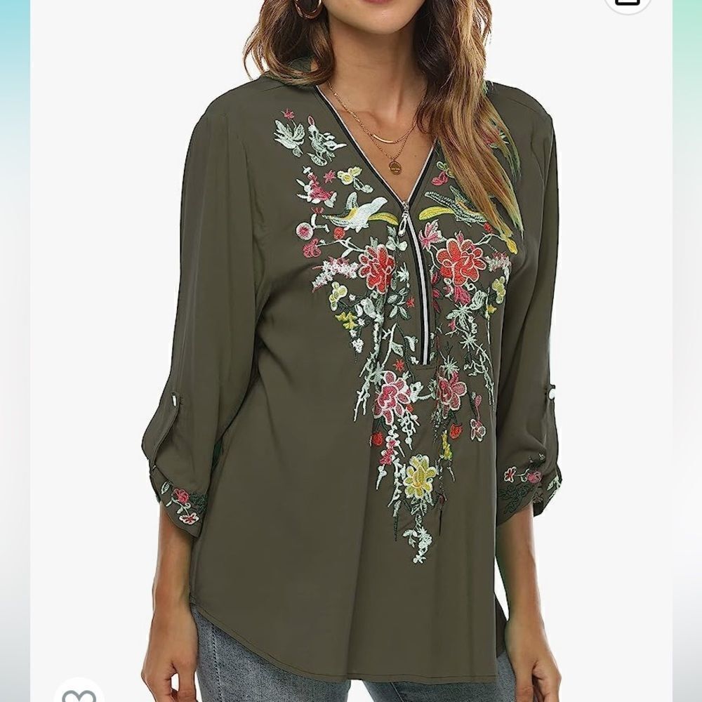 Grosy Loose Fit Floral Embroidered Boho top NWT color olive green L V Neck